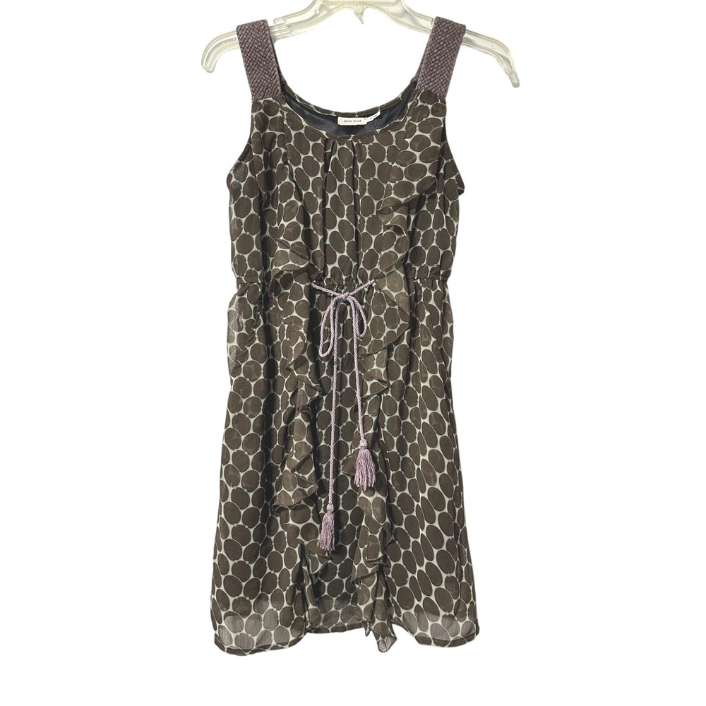 Blue Bird Mini Dress Womens Medium Brown Polka Dot Ruffle Tassel Boho Sleeveless